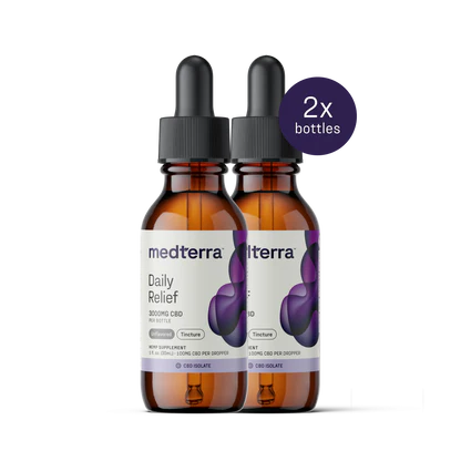 Front view of two Daily Relief CBD Isolate 3000 mg bottles with black droppers, purple labels and 2x bottles badge