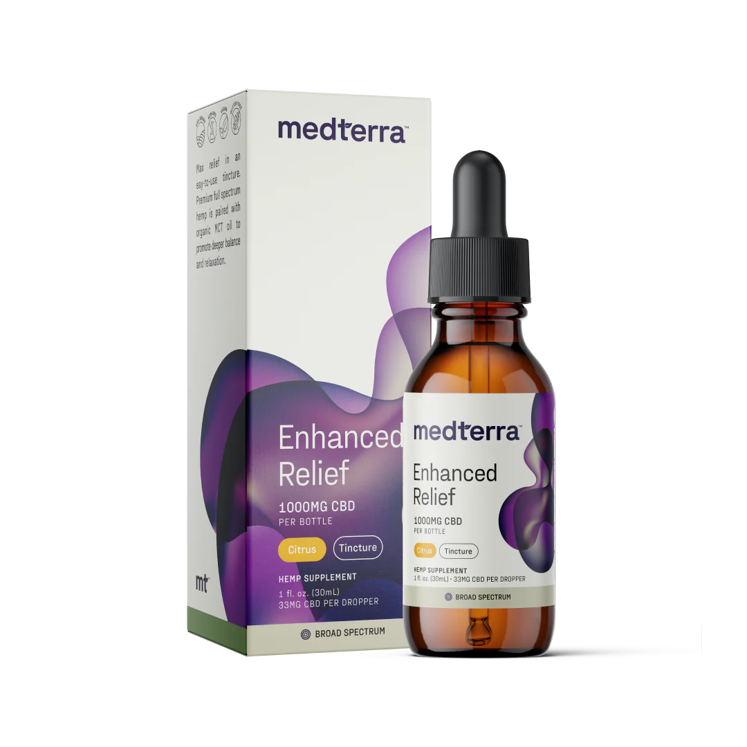 Front view of Enhanced Relief Broad Spectrum CBD Oil 1000mg dropper bottle and box showing Citrus label on white background