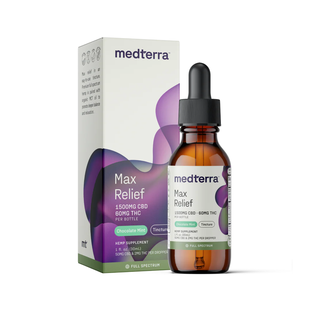 Front view of Max Relief Full Spectrum CBD Oil 1500 mg CBD, 60 mg THC showing amber dropper bottle and matching box on white background