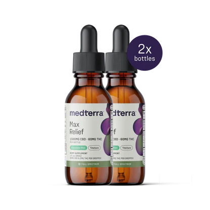 Front of two Max Relief Full Spectrum CBD Oil bottles showing 1500mg CBD and 60mg THC labels and a 2x badge on white
