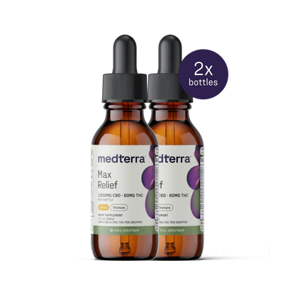 Front view of two Max Relief Full Spectrum CBD Oil bottles showing 2x badge and labels 1500 mg CBD, 60 mg THC on white