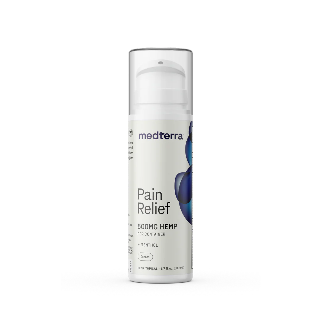 Front view of Pain Relief cream bottle showcasing 500mg hemp label and pump-top dispenser on white background