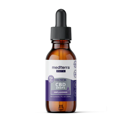 A brown glass dropper bottle labeled "Medterra Daily Relief Pet CBD Tincture" (750mg, 1 fl oz/30ml) with a black dropper cap, designed to support your pet’s joint health and overall well-being.