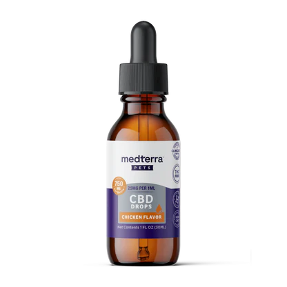 Front view of Medterra Pets CBD drops bottle showcasing chicken flavor label, 750 mg, 25 mg per 1 mL, 1 fl oz on white background