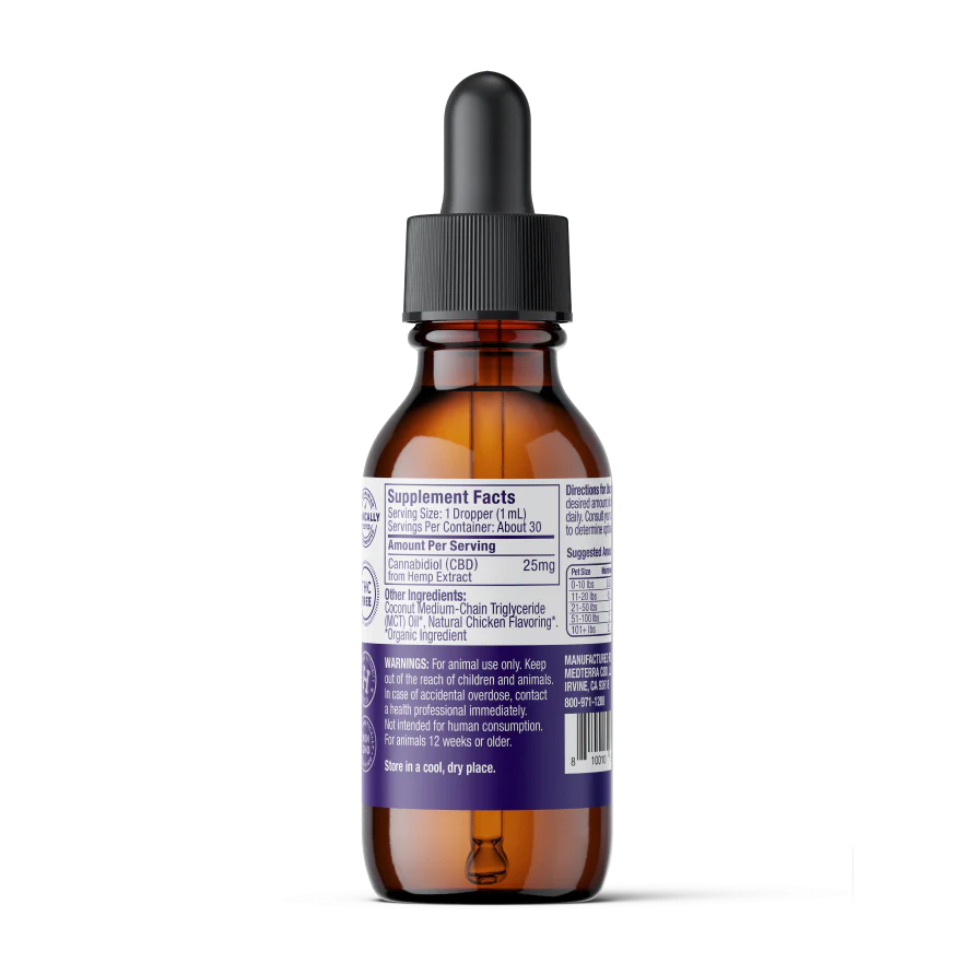 The Medterra Daily Relief Pet CBD Tincture comes in an amber glass dropper bottle with a black cap and a white-purple label showing supplement facts, ingredients, and usage instructions to support joint health in pets.