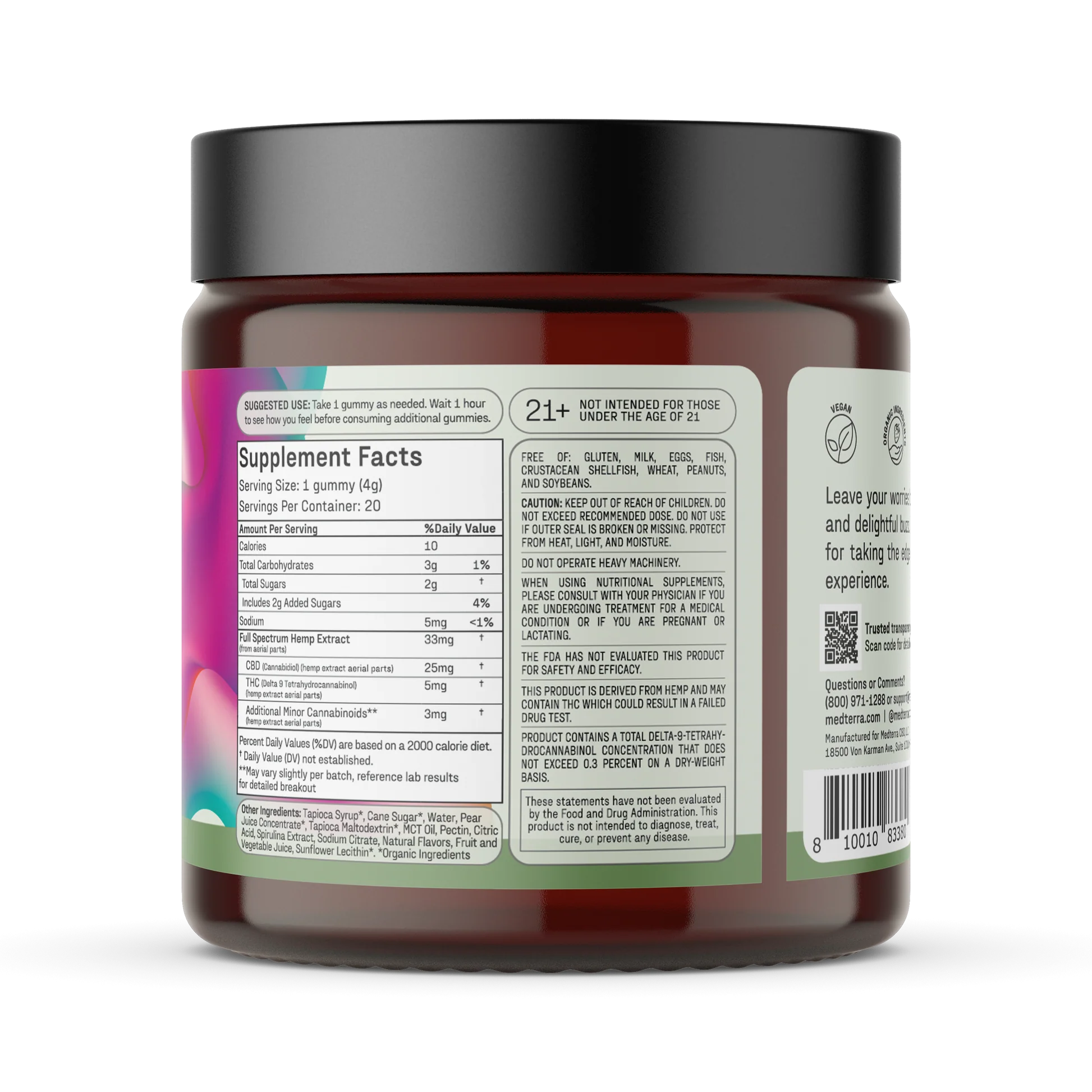 Side close-up of Daily Delight CBD Gummies jar showcasing supplement facts, serving info, and warning labels with black lid on white background