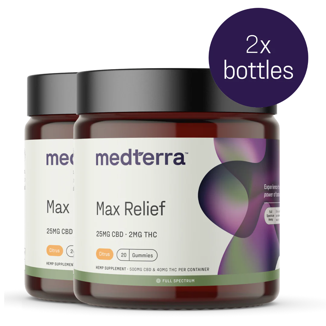 Front of Max Relief Full-Spectrum CBD Gummies jars, 25mg CBD and 2mg THC, citrus 20-count, two jars with 2x badge on white