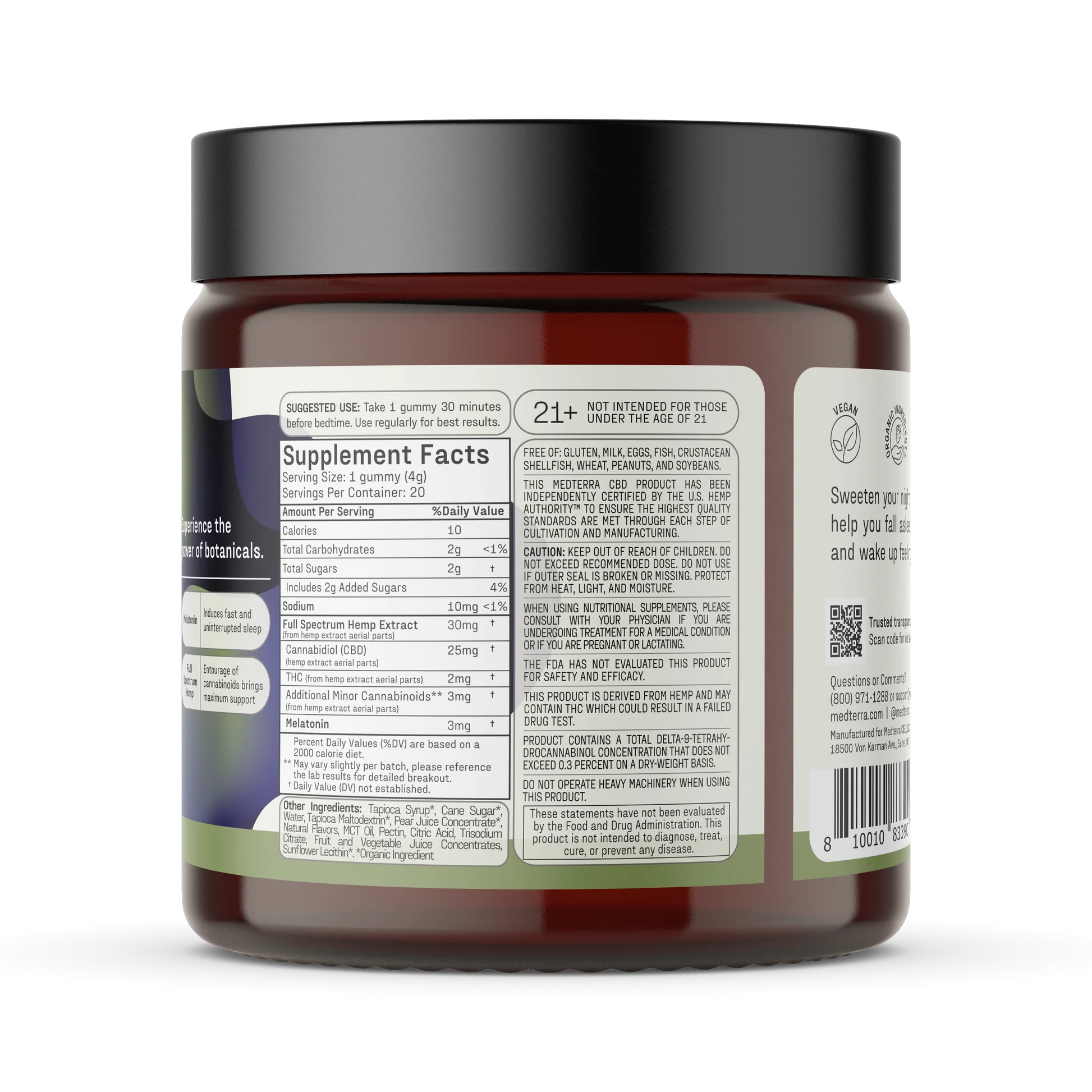 Close-up rear view of Medterra Deep Sleep CBD & THC sleep gummies jar showcasing the supplement facts, directions, and ingredient panel on the label