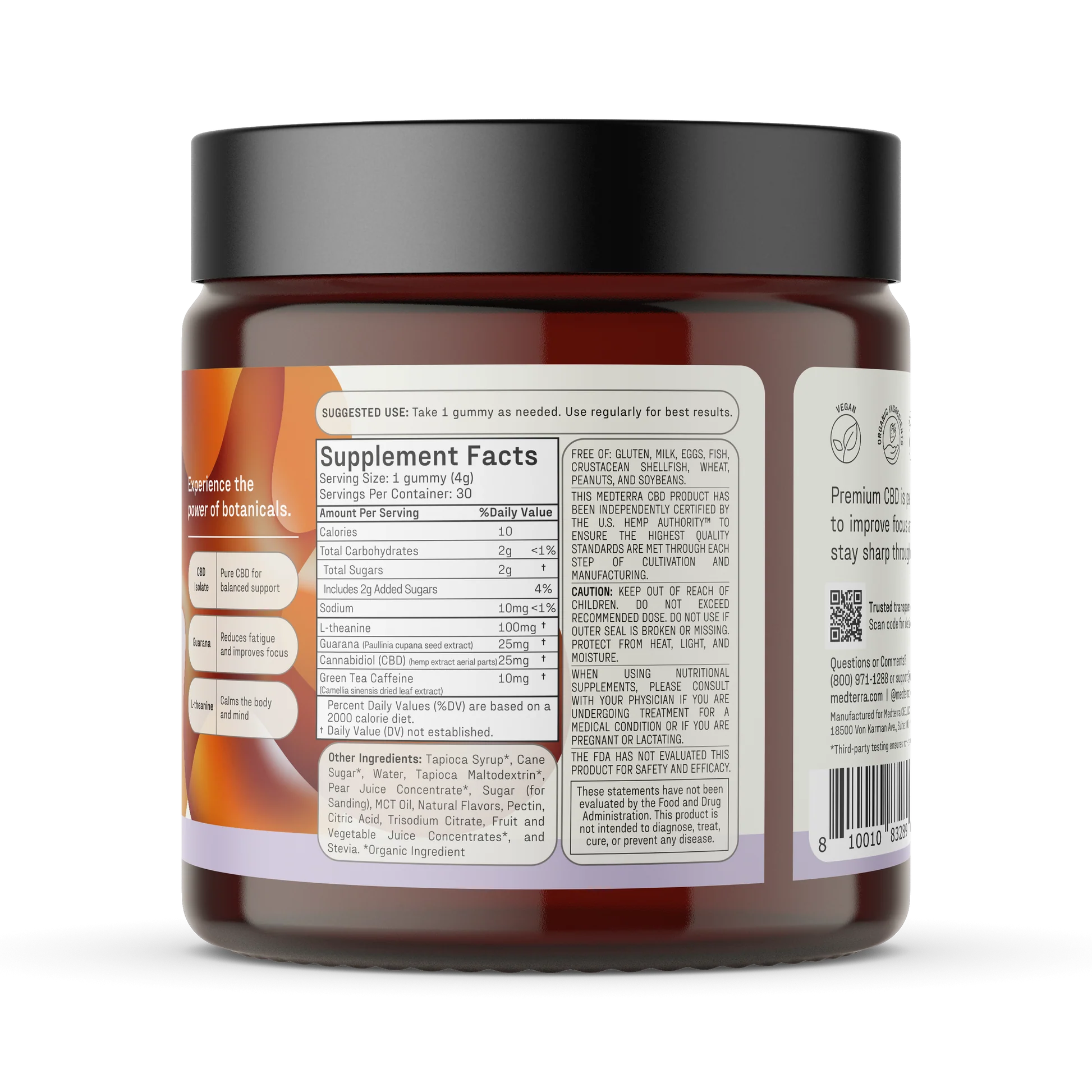 A brown Medterra Focus CBD Gummies container with a black lid displays a Supplement Facts label, ingredient list, serving size, cognitive support info, suggested use details, and a barcode.