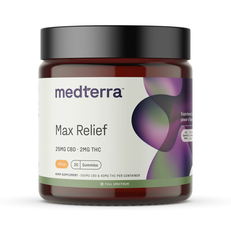 Front view of Max Relief full spectrum CBD gummies jar with Medterra label, 25 mg CBD and 2 mg THC, citrus flavor, 20 count