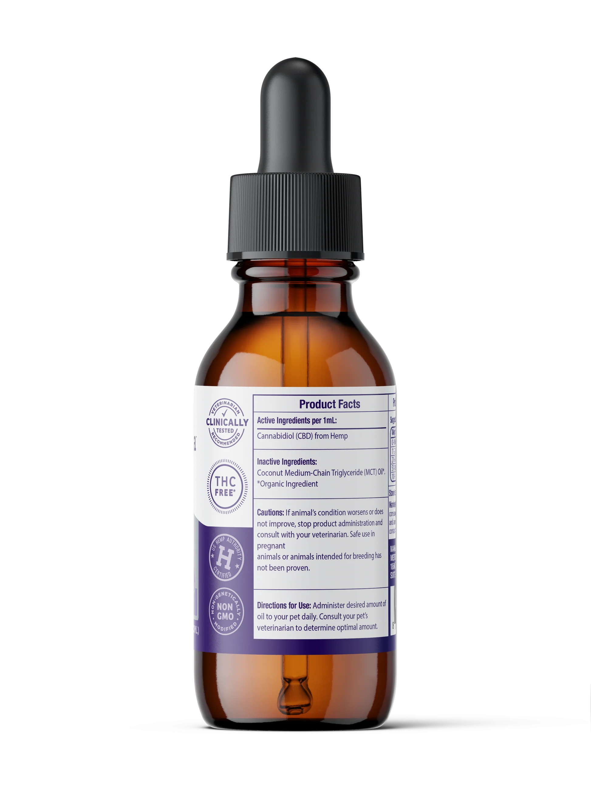 The Medterra Daily Relief Pet CBD Tincture comes in an amber glass dropper bottle with a black cap and a white-purple label showing supplement facts, ingredients, and usage instructions to support joint health in pets.