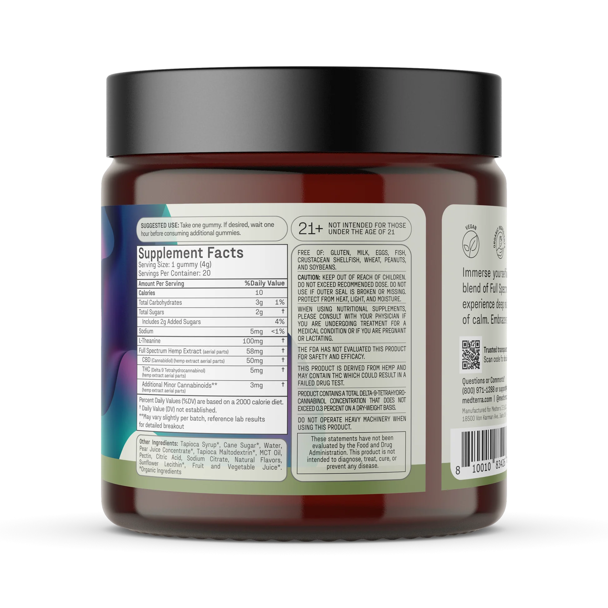 Right-side close-up of Unwind Gummies jar showcasing supplement facts panel, 21 and older age warning and black lid on white background