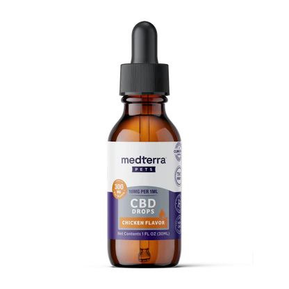Front view of Medterra Pets CBD Drops 300 mg (10 mg/mL) chicken flavor in amber dropper bottle on white background