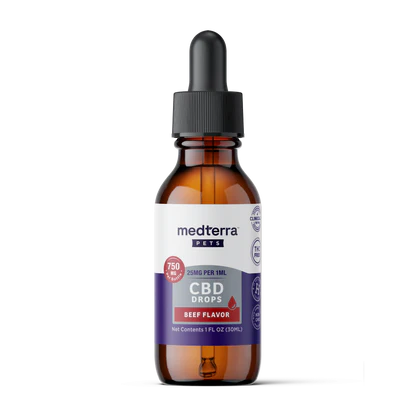 Front view of Medterra Pets CBD tincture, 750 mg (25 mg per 1 mL), beef flavor, 30 mL amber dropper bottle