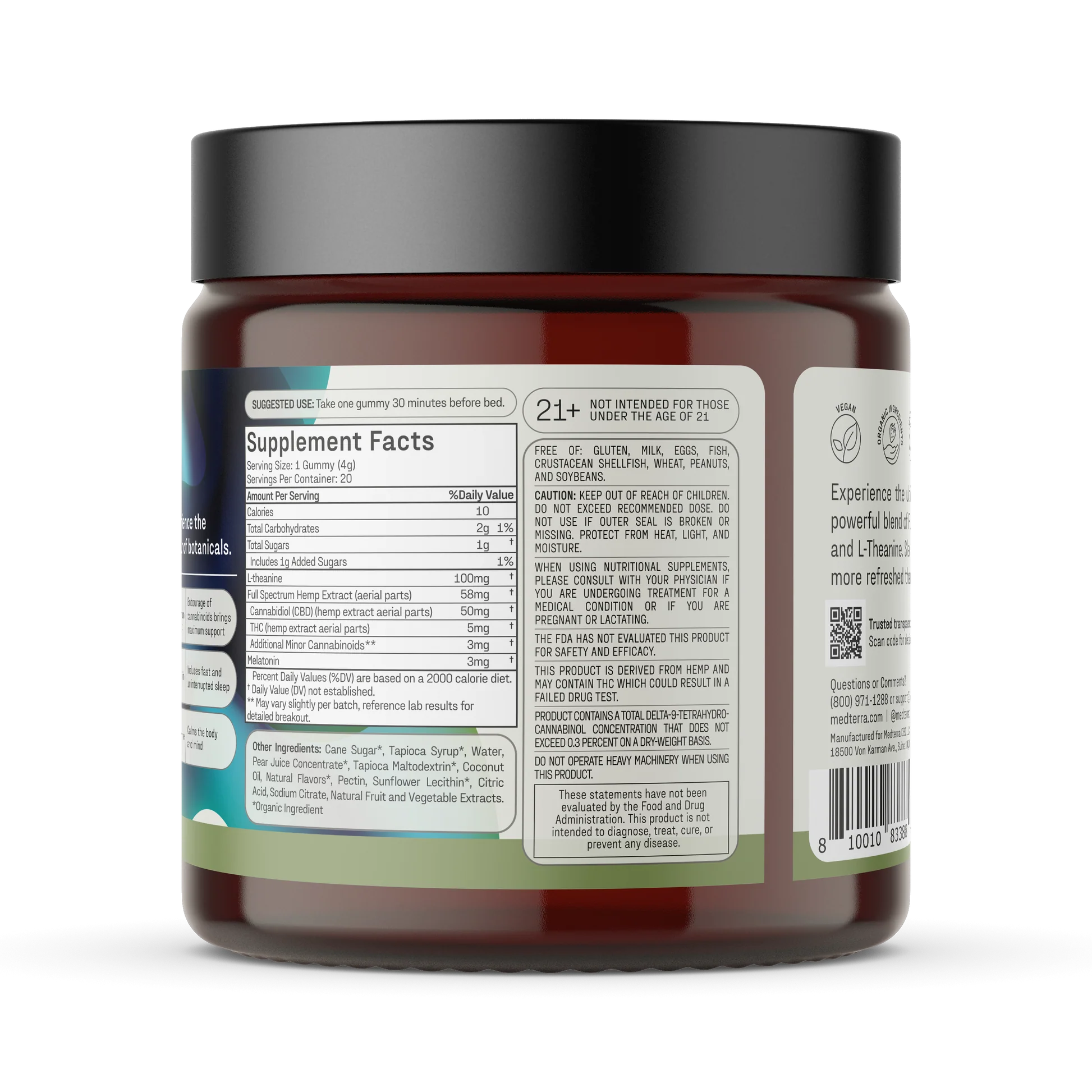 Brown supplement jar back label showing 'Supplement Facts', 'Suggested Use: Take one gummy 30 minutes before bed', and '21+'.