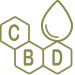 Stylized graphic of three hexagons with letters C, B, D and a droplet shape representing CBD oil