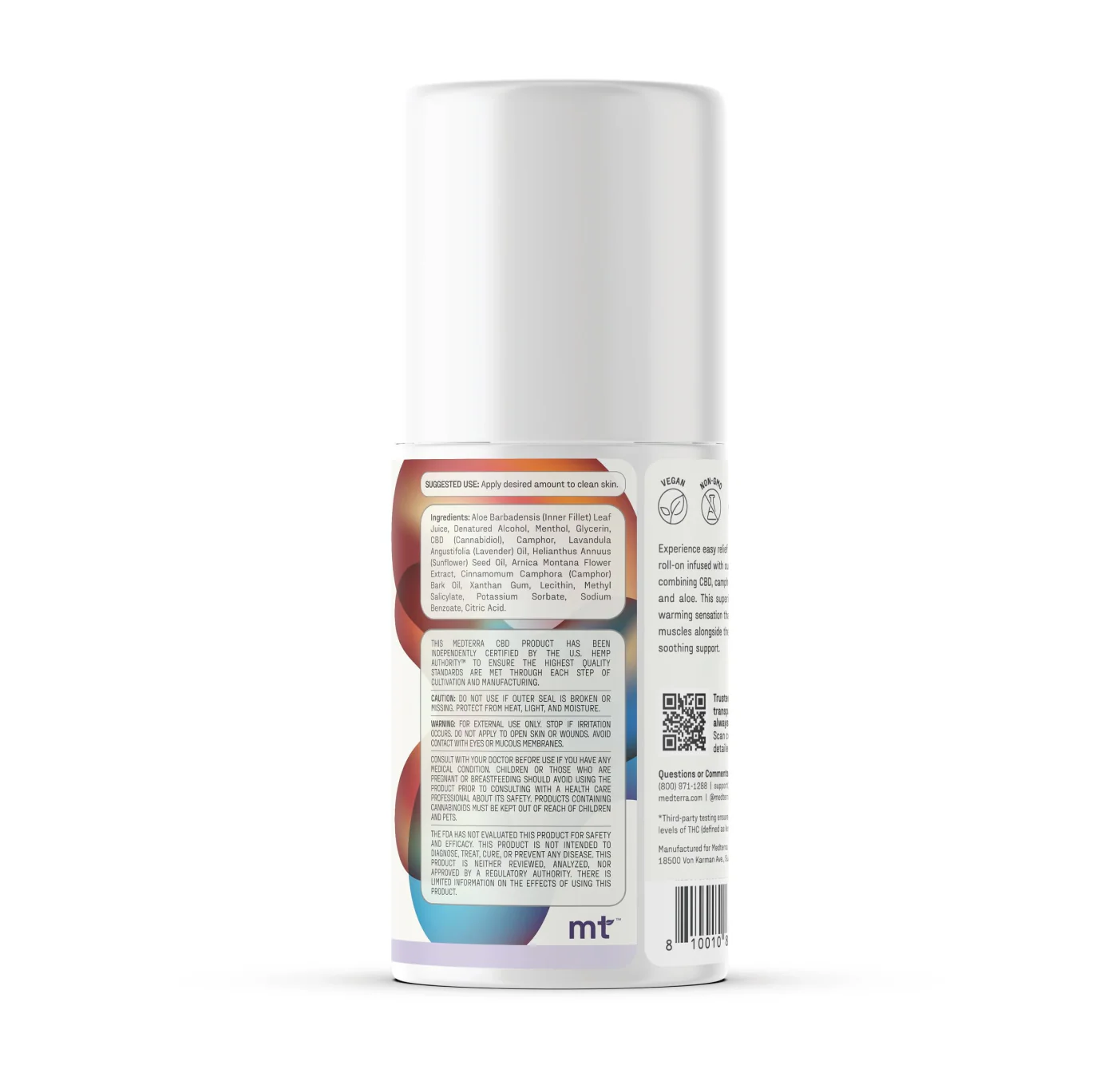 Back view of Heating‑Cooling Rapid Recovery Roll On bottle showing ingredients and directions label, usage icons, QR code, and barcode on white background