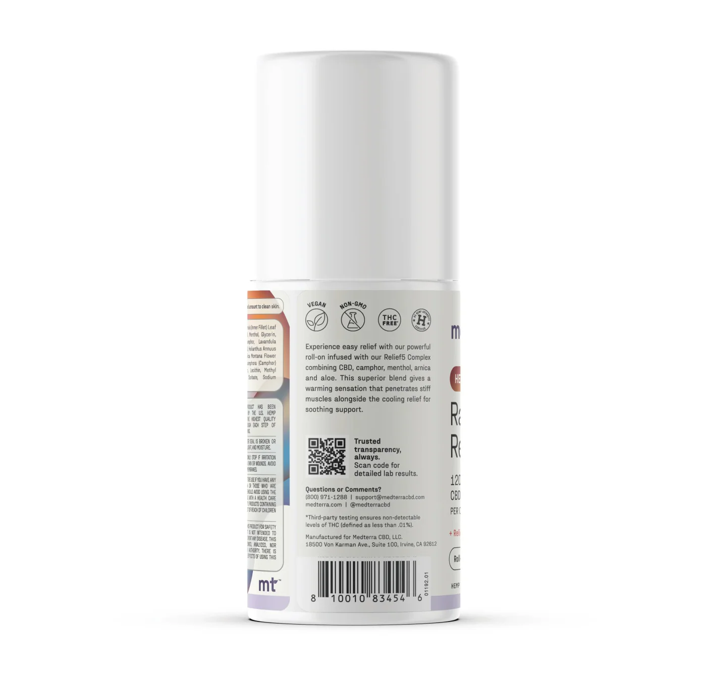 Back view of Heating-Cooling Rapid Recovery Roll On showing label text, icons, QR code, and barcode on white background
