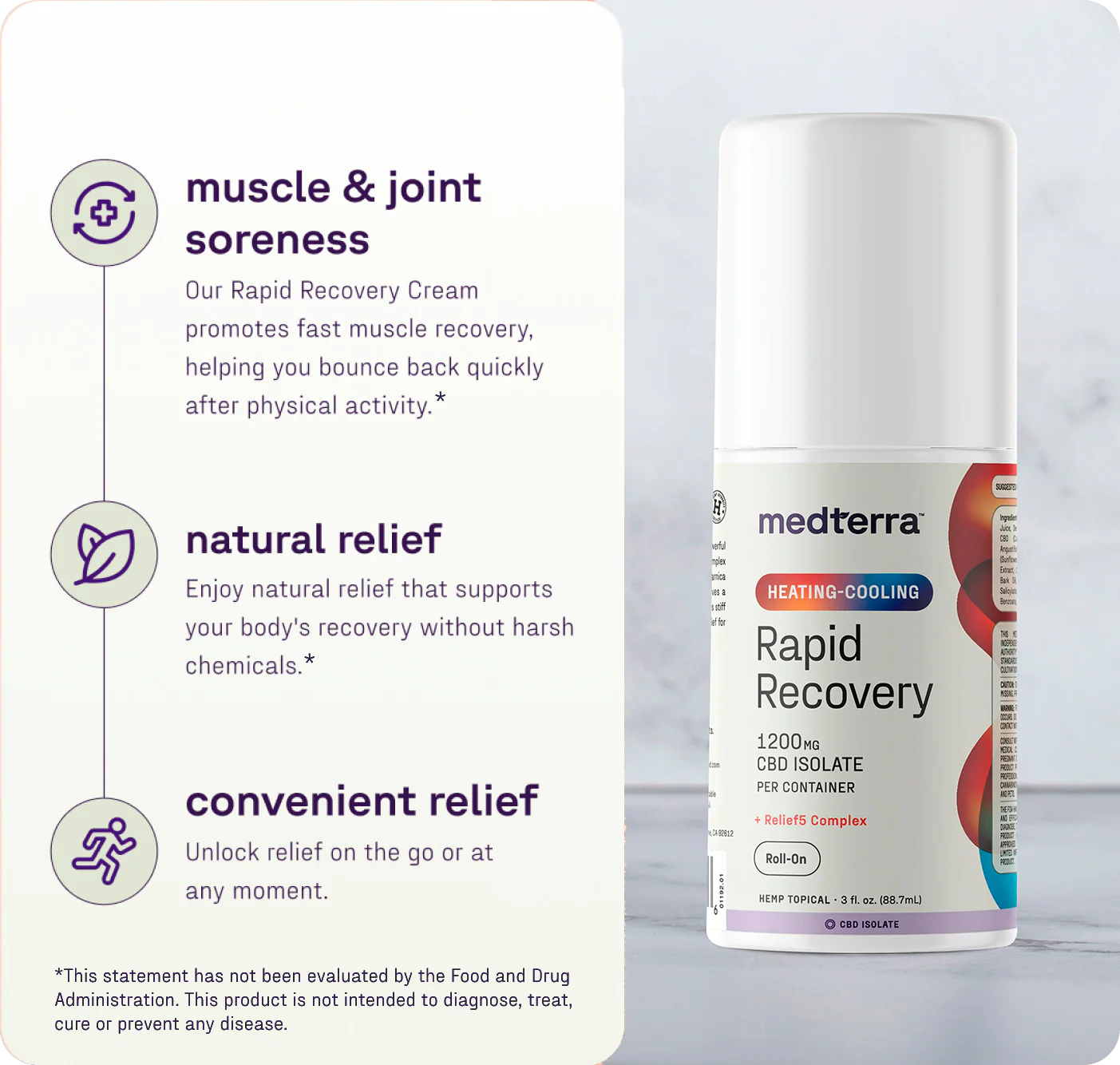 Front-right view of Heating-Cooling Rapid Recovery Roll On showing Rapid Recovery label and muscle & joint soreness