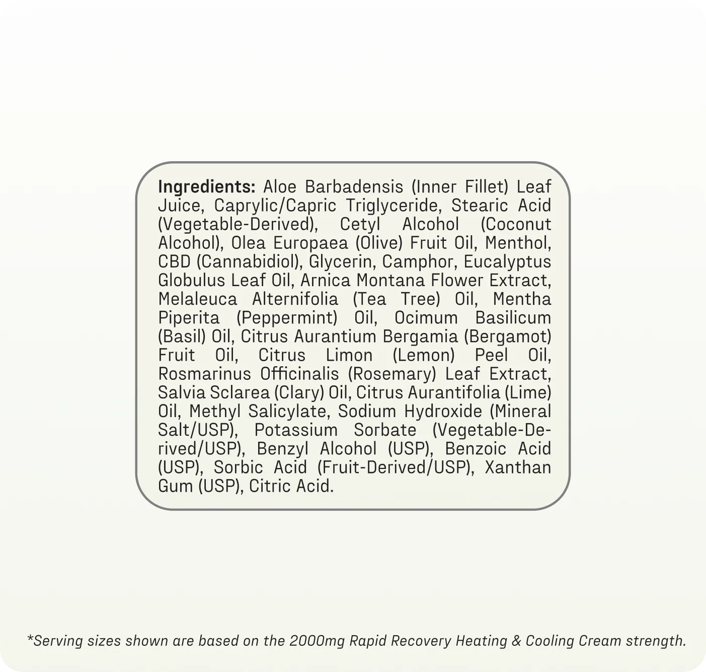 Ingredient panel listing botanical extracts and active ingredients for Rapid Recovery Heating & Cooling CBD cream.