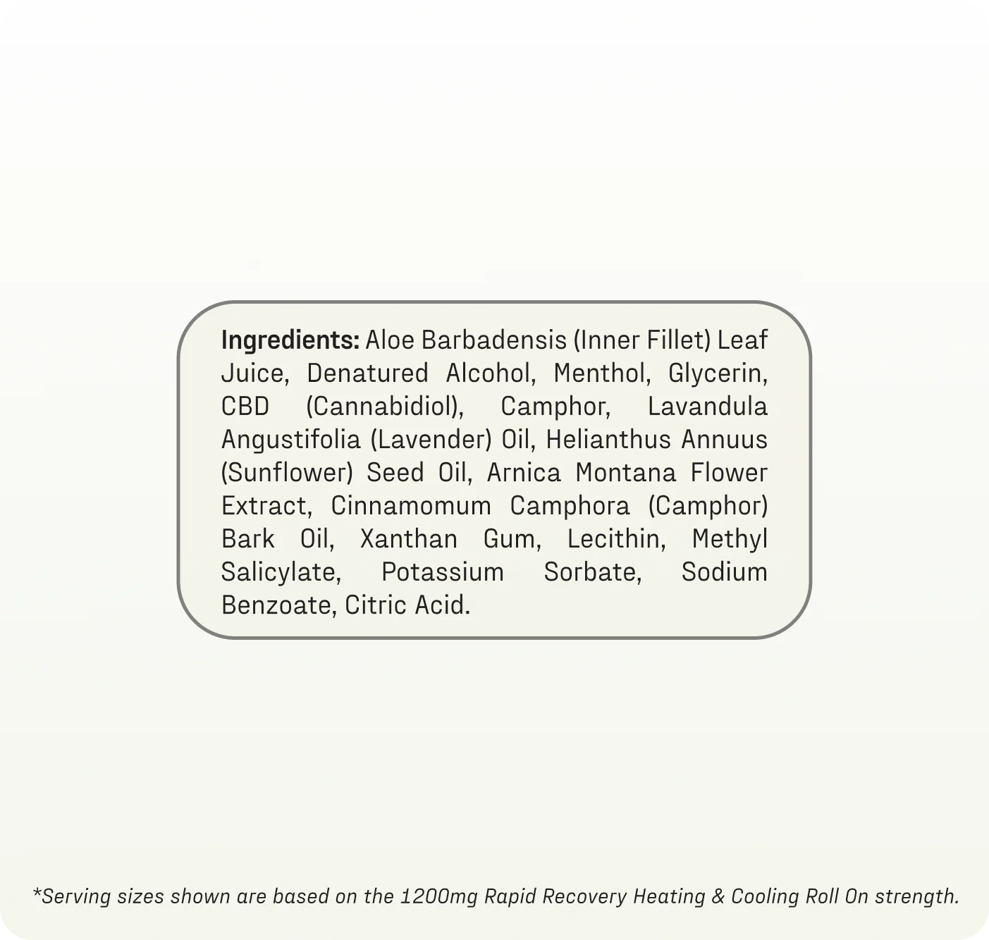 Text panel showing “Ingredients:” and a full ingredient list for Heating‑Cooling Rapid Recovery Roll On