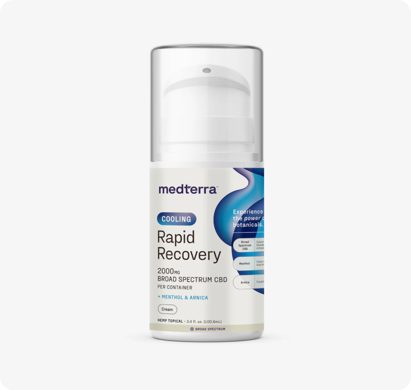 Front view of Rapid Recovery Cooling 2000mg CBD cream showing pump dispenser and clear cap on pale gray background