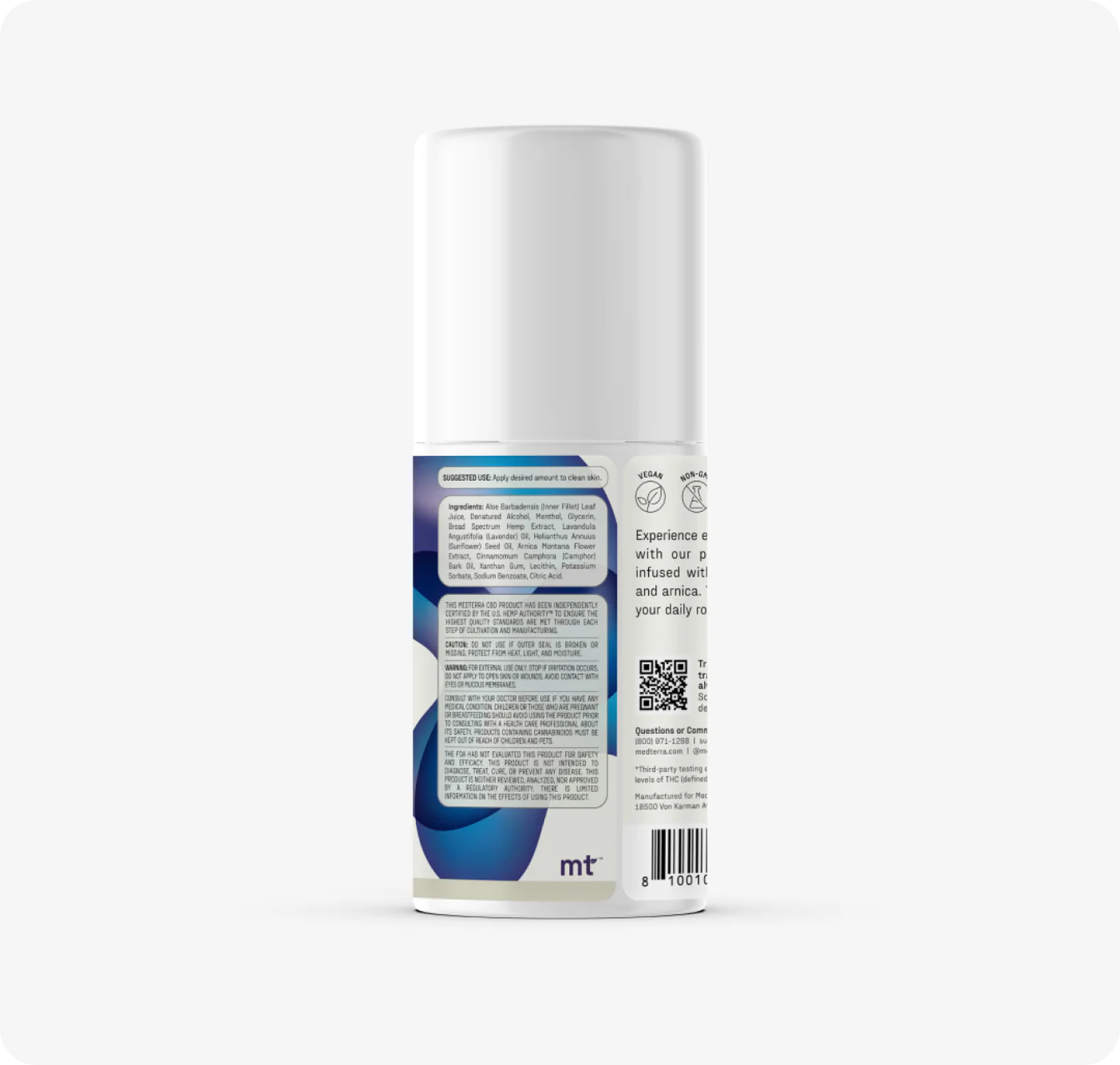 A white spray bottle of Medterra Rapid Recovery Cooling 1200mg CBD Roll On, shown from the back with a blue abstract label detailing fast sore muscle relief, usage, ingredients, certifications, a QR code, and a barcode at the bottom.