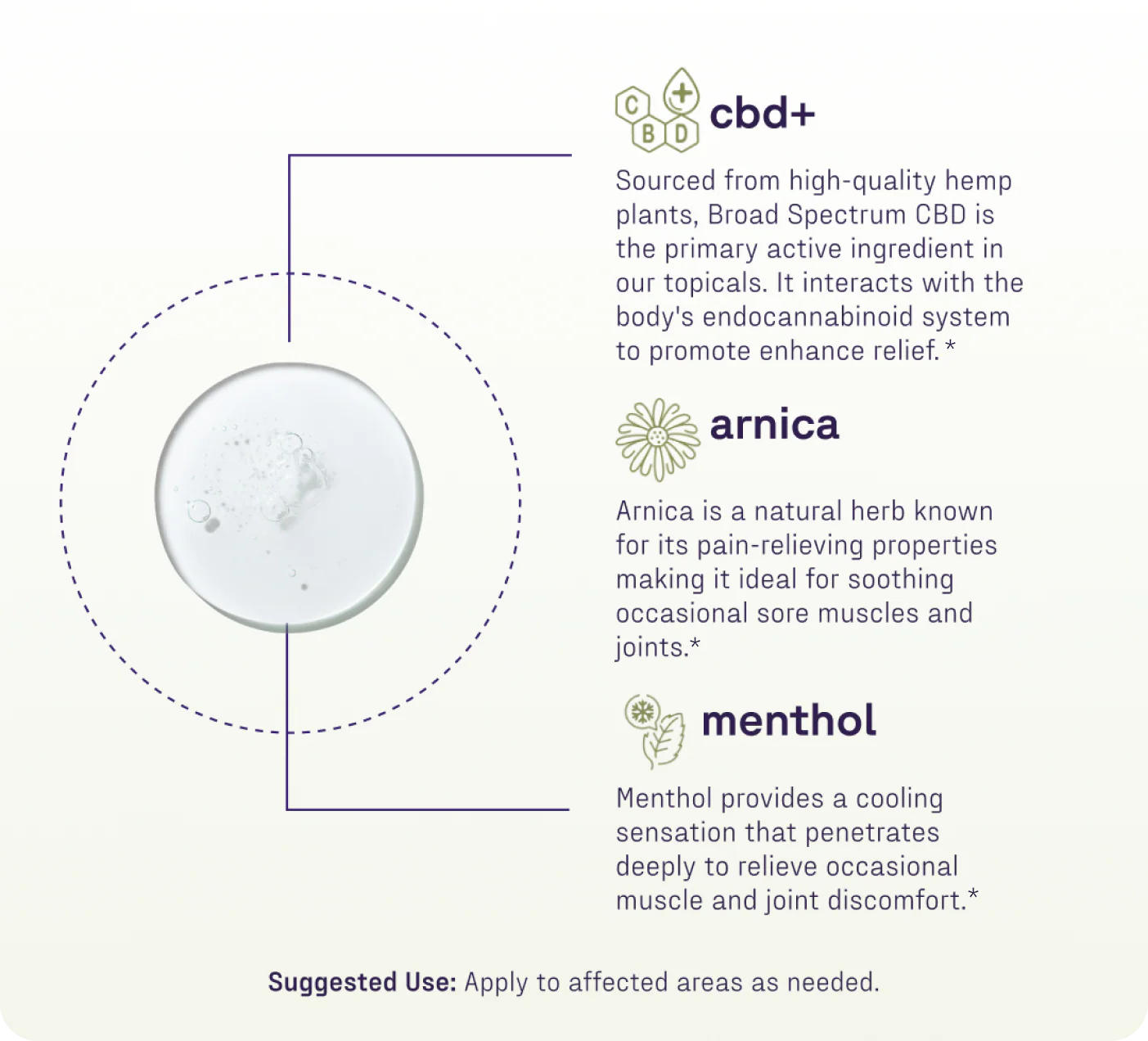 Infographic showing cbd plus, arnica, and menthol as key ingredients in Rapid Recovery Cooling 1200mg roll-on and benefits