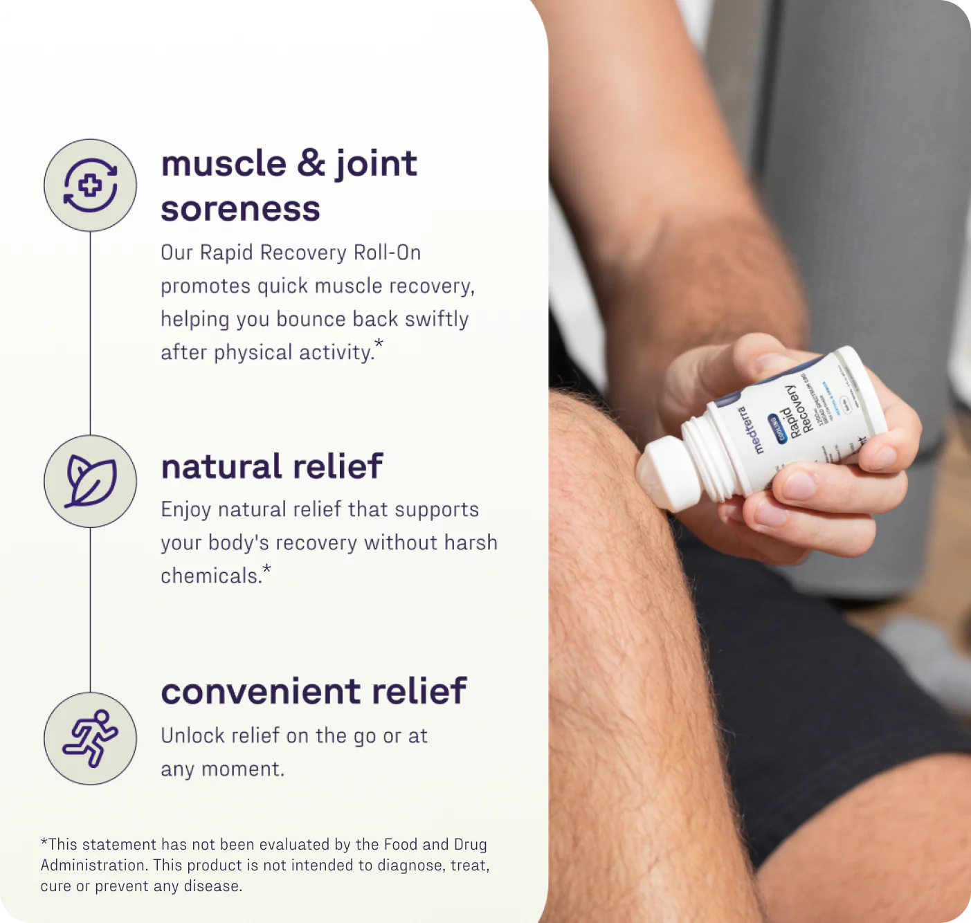 Someone uses the Medterra Rapid Recovery Cooling 1200mg CBD Roll On on their knee. Text highlights fast relief for sore muscles and joints, natural formula with no harsh chemicals, and easy on-the-go use.