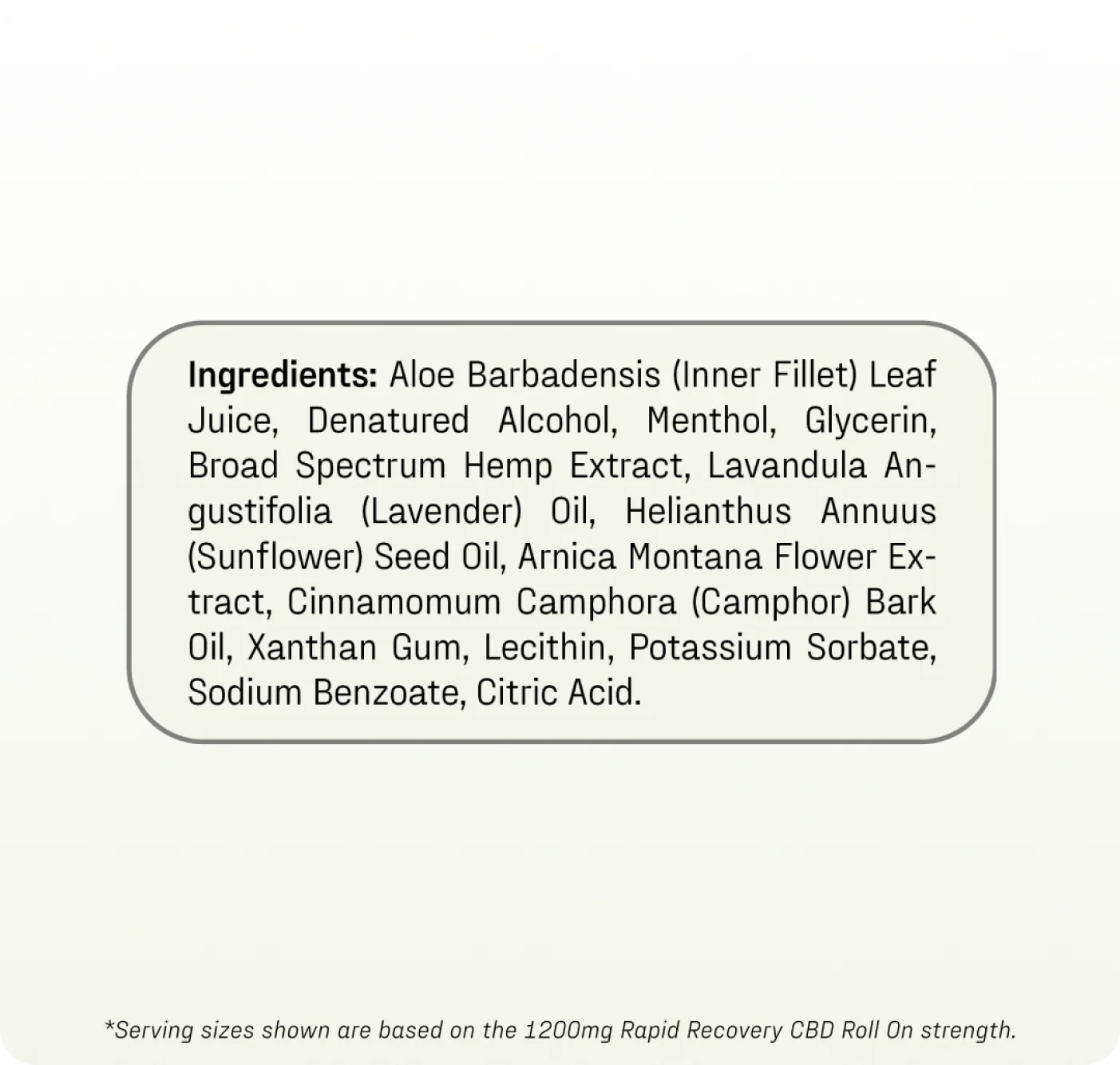 Text panel labeled Ingredients: showing the full ingredient list for Rapid Recovery Cooling 1200mg CBD Roll On