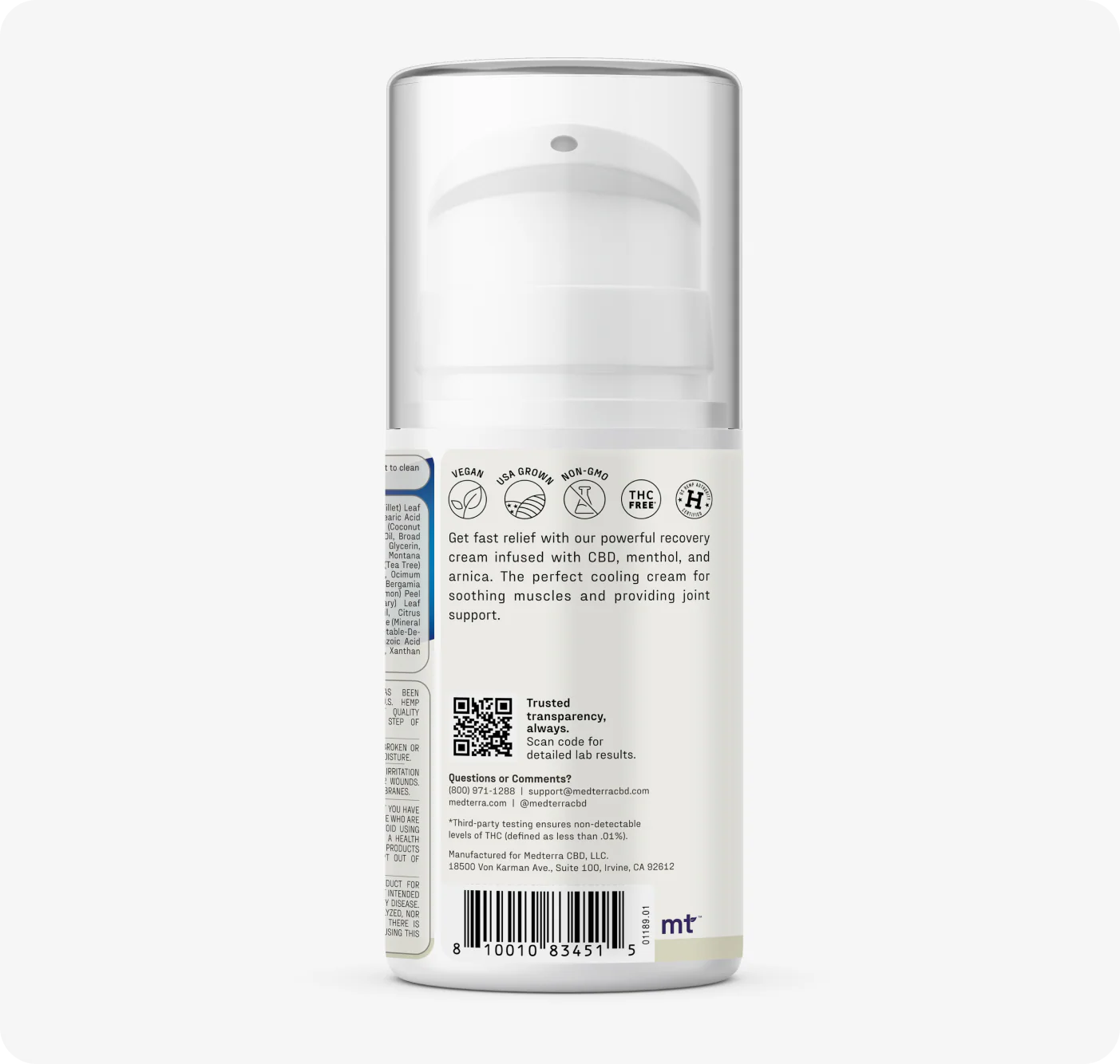 A white pump bottle of Medterra Rapid Recovery Cooling 2000mg CBD Cream features menthol and arnica for muscle and joint relief, soothing benefits, certification icons, and a QR code on the label.