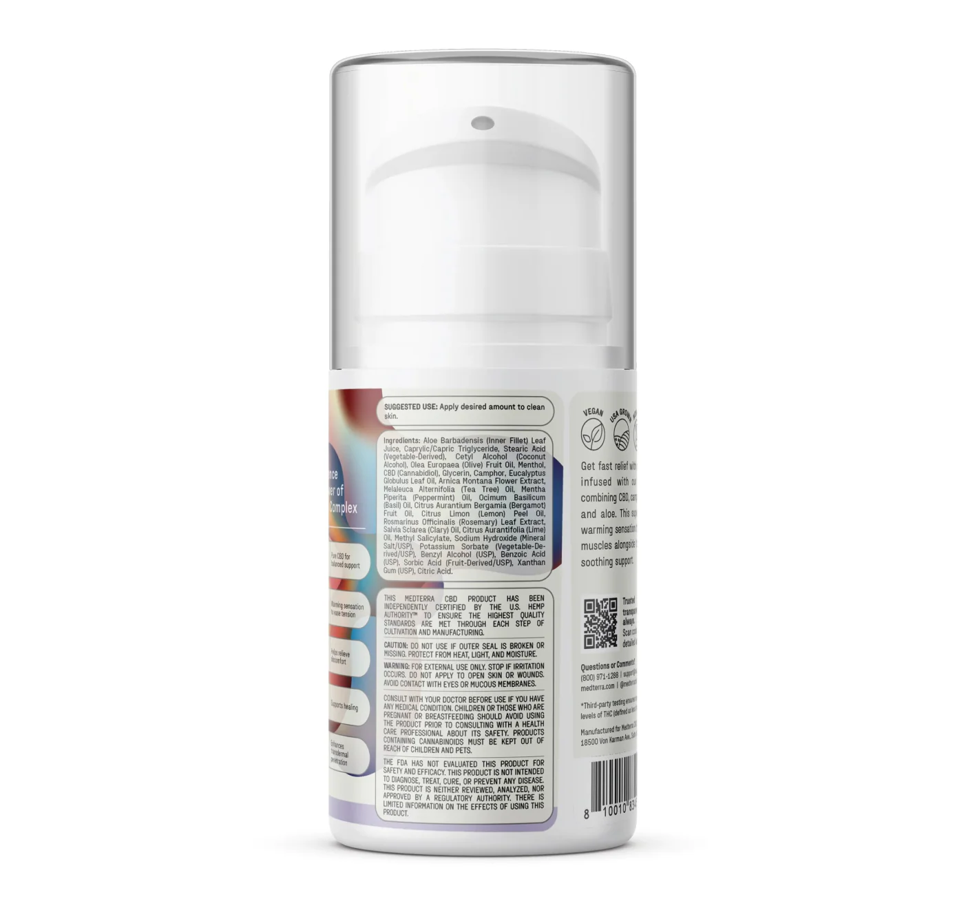Rear view of Heating-Cooling Rapid Recovery CBD Cream bottle showing ingredient panel and suggested use