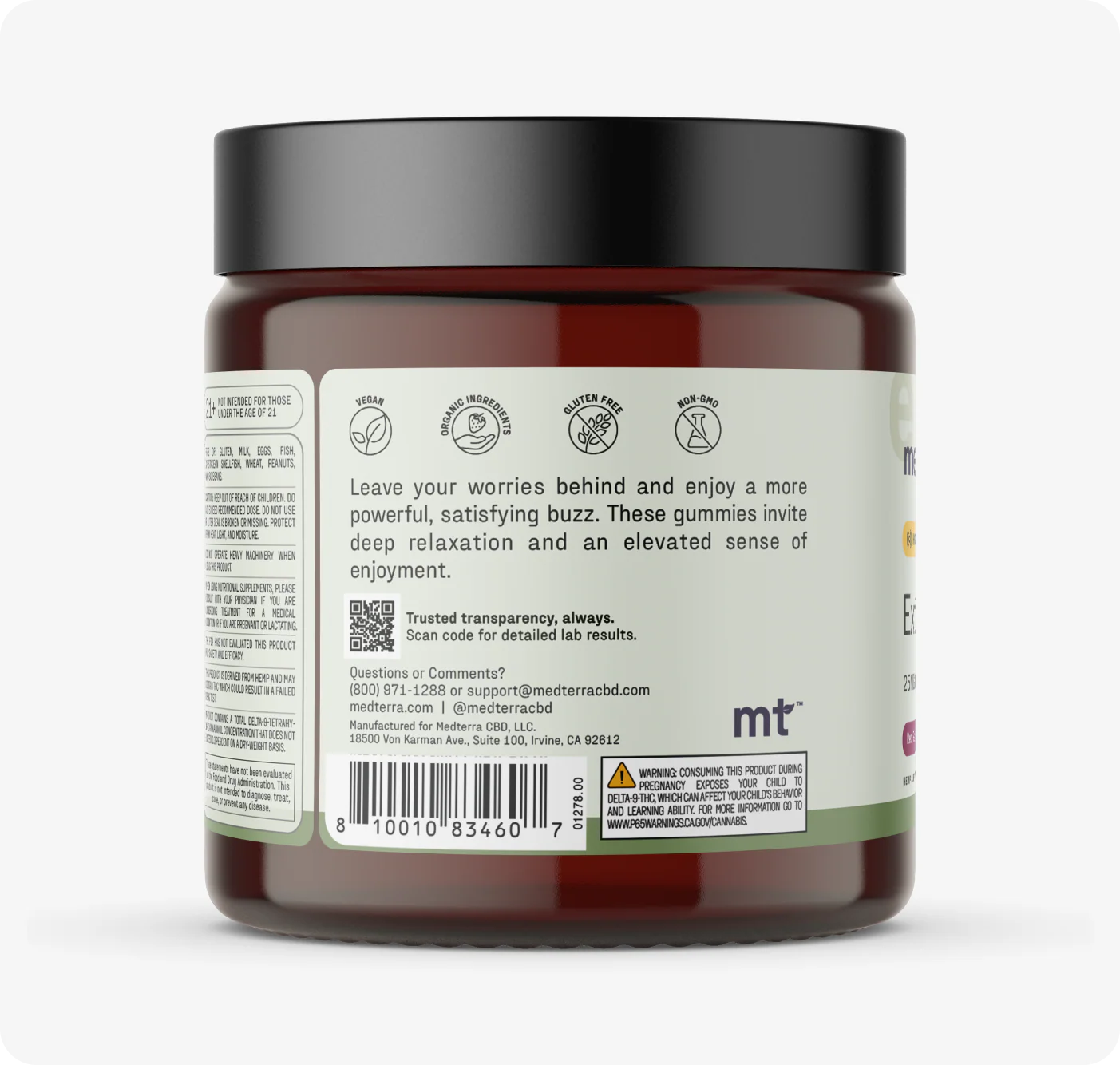 A dark amber jar with a black lid features a label for Medterra’s Extra Delight 10mg THC Gummies, high-potency edibles crafted for deep relaxation and elevated enjoyment. The label also displays contact details and a barcode.