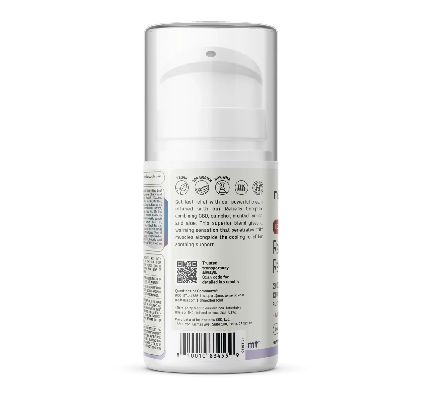 A white plastic bottle with a clear cap, labeled “Medterra Heating-Cooling Rapid Recovery CBD Cream,” featuring black and gray text, vegan and cruelty-free icons, QR code, barcode, rapid recovery benefits, and usage directions on the back.