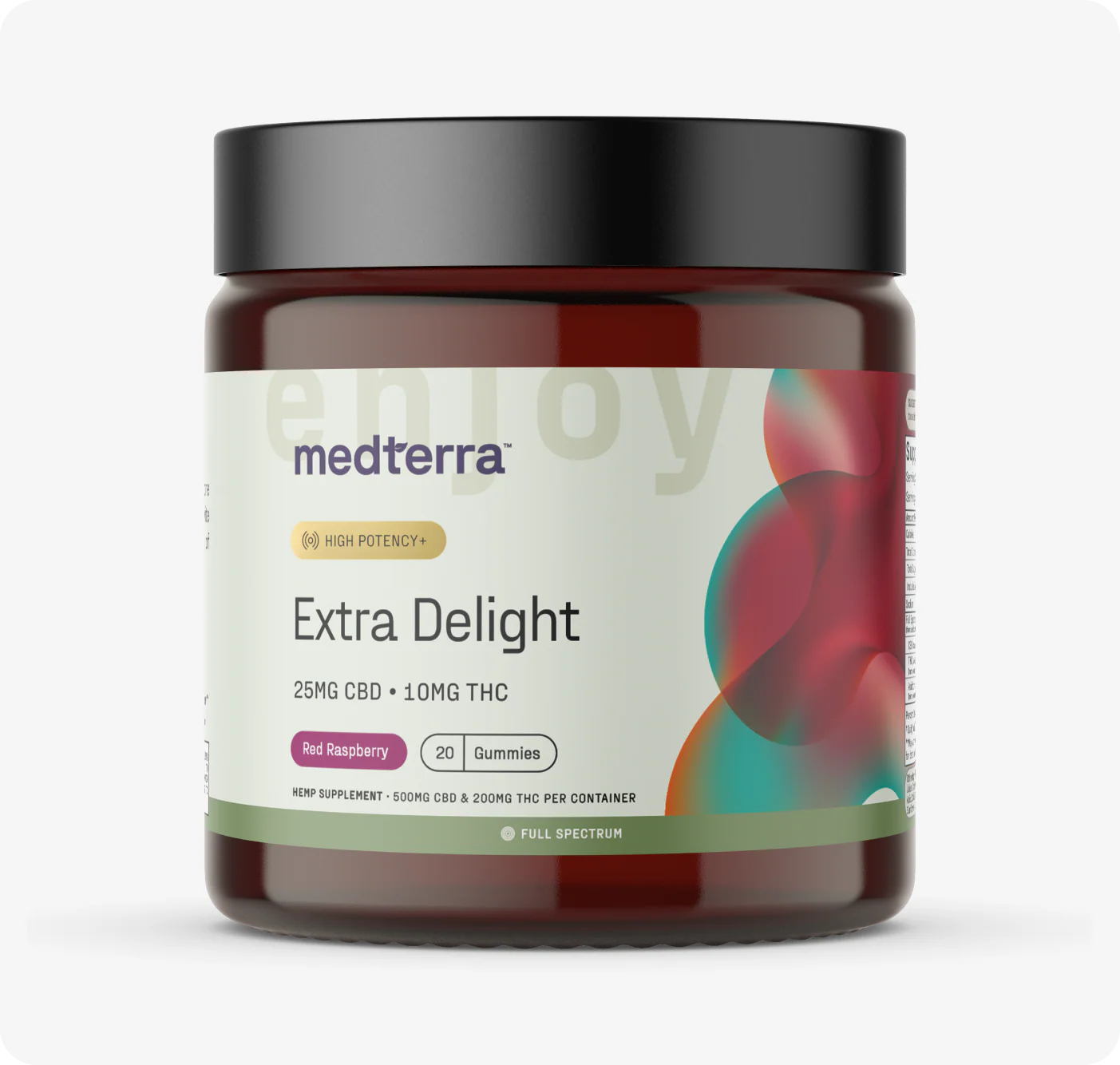 Front view of Extra Delight jar with label 25 mg CBD and 10 mg THC, red raspberry, 20-count gummies, black lid, white background