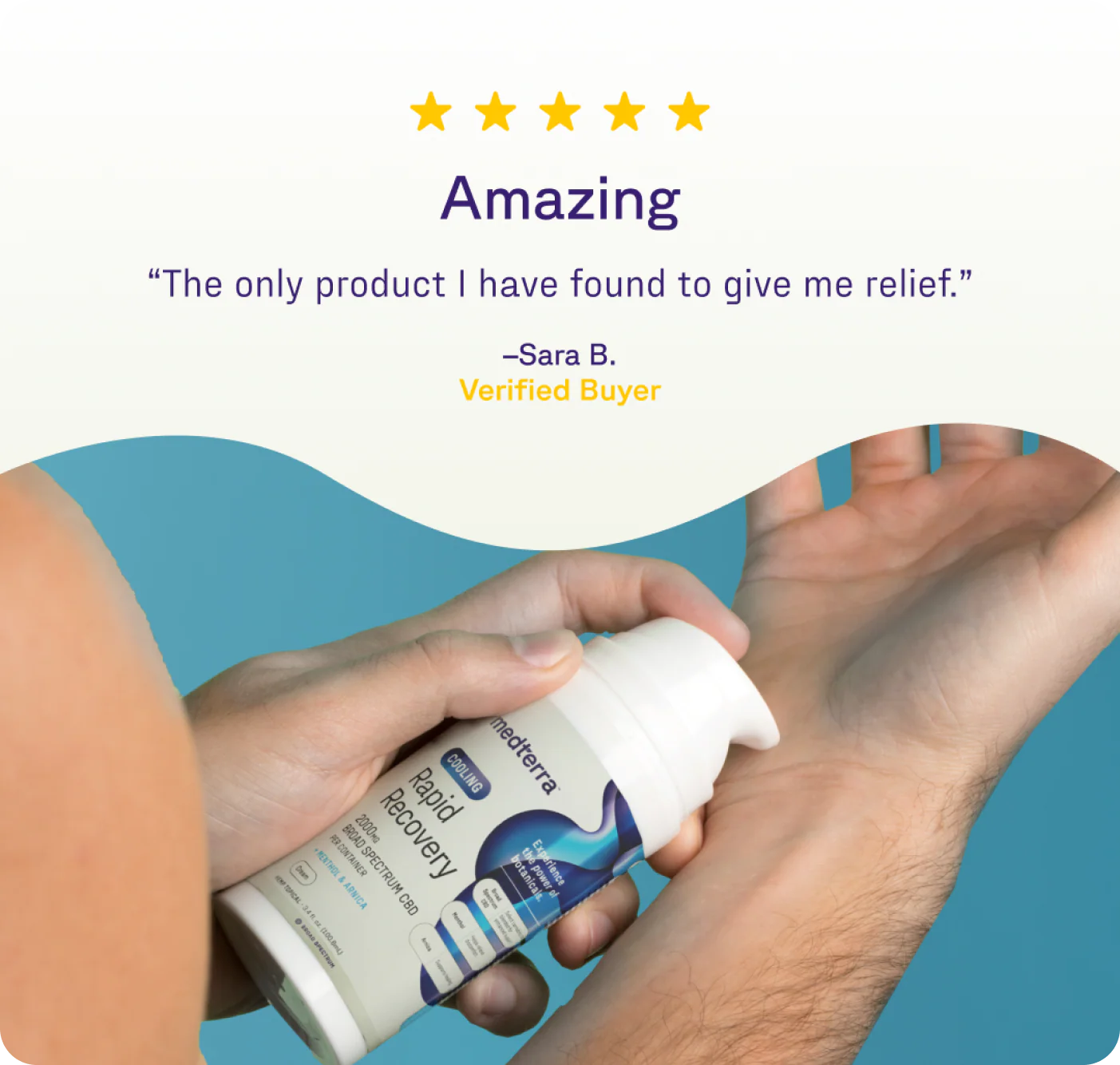 Hands applying Rapid Recovery Cooling cream under five gold stars with headline Amazing and a review saying it gave relief