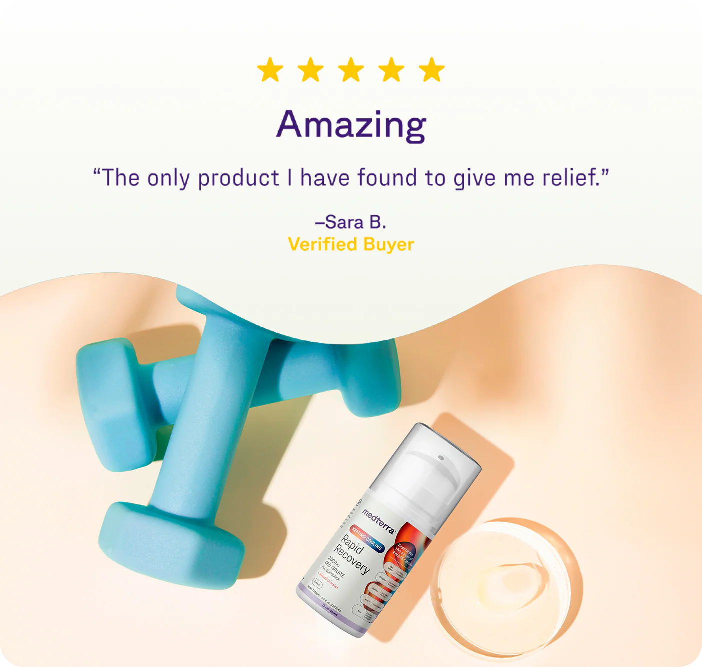 Angled view of Heating-Cooling Rapid Recovery CBD Cream pump bottle showing pump, with five-star review headline ‘Amazing’