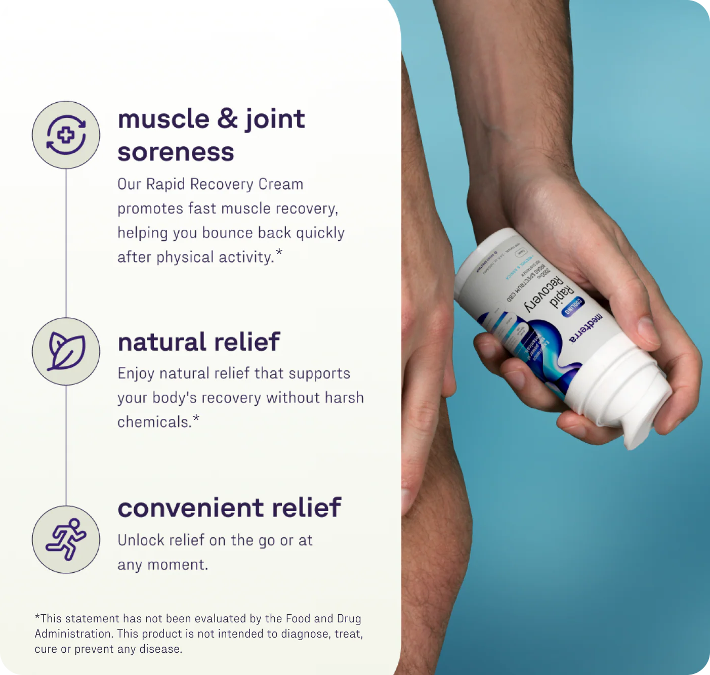 Hand holding open medterra Rapid Recovery Cooling 2000mg CBD cream roll-on near lower leg
