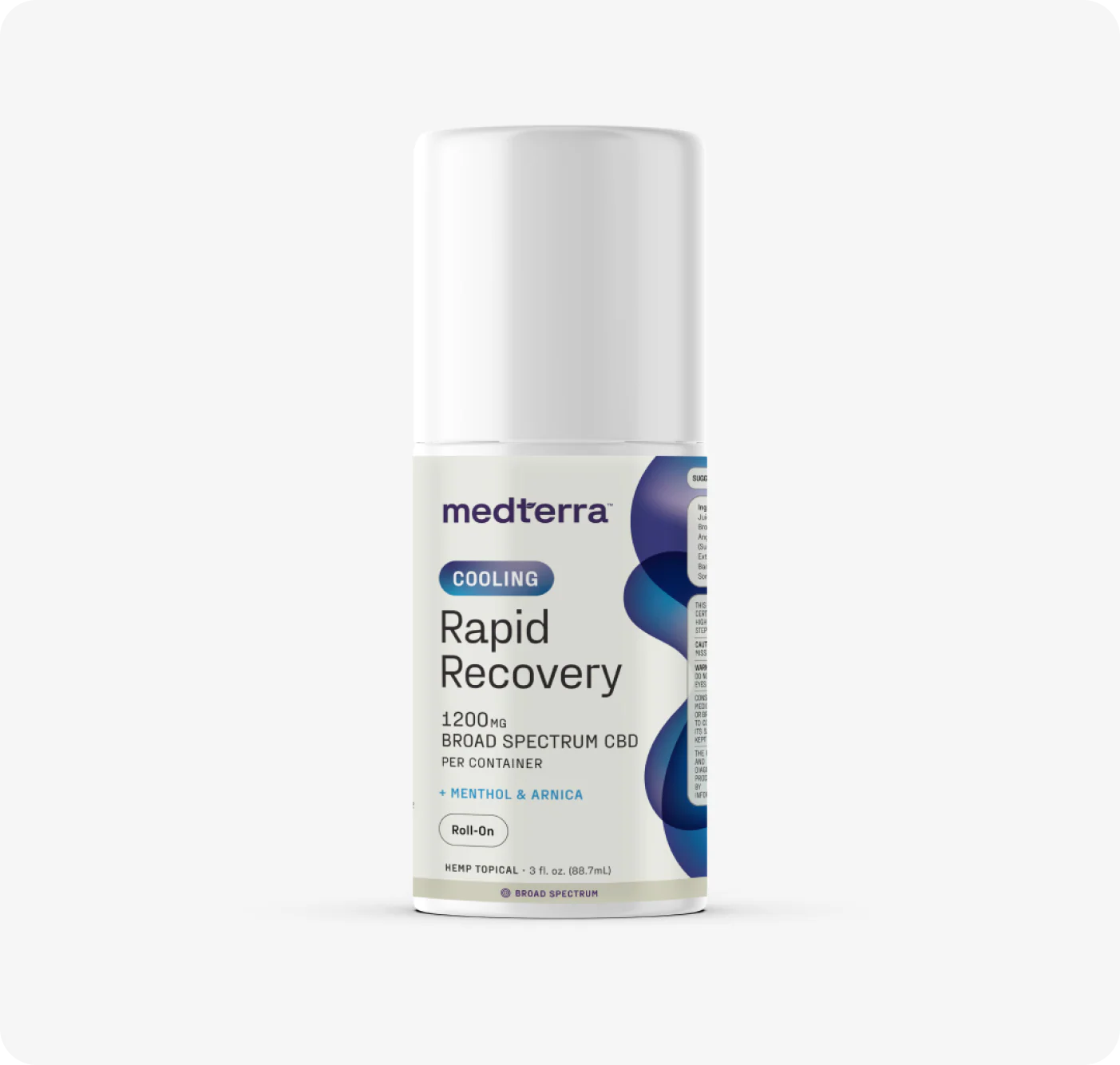 Front view of Medterra Rapid Recovery Cooling roll-on, 1200 mg CBD, showing label on white background