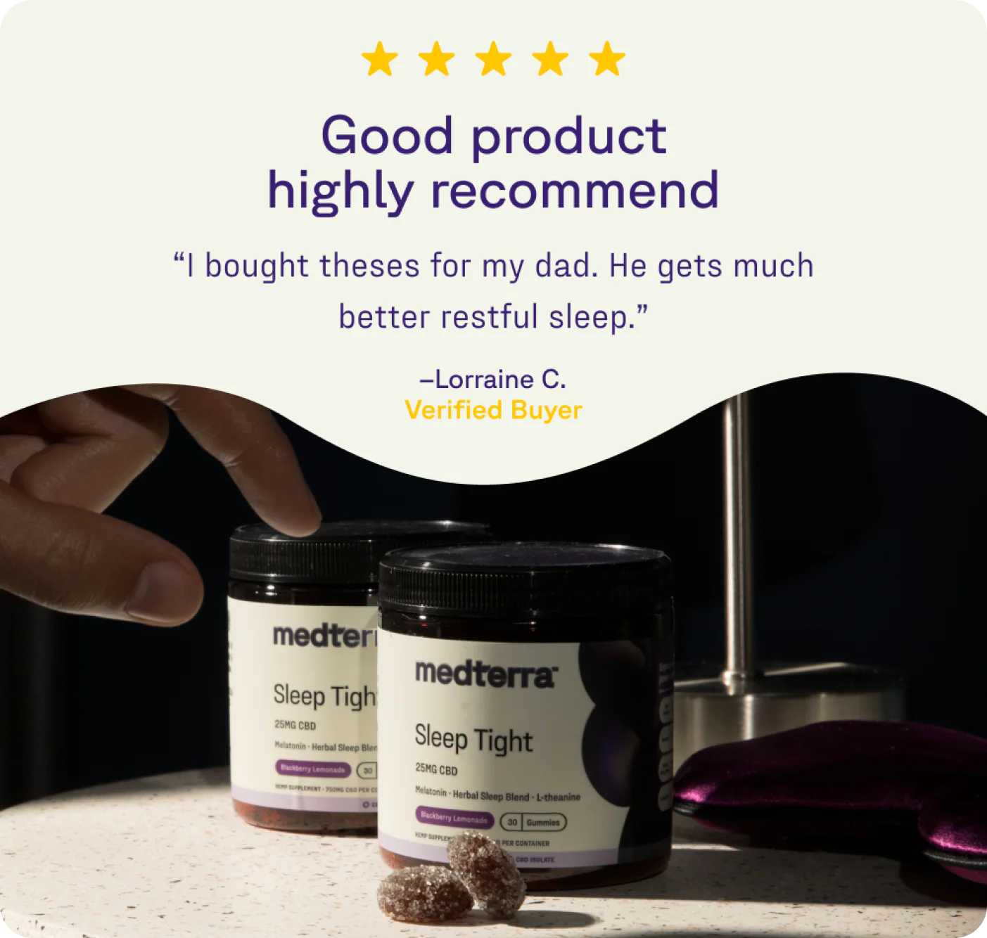 Close-up of Medterra Sleep Tight jars and gummies with bedside lamp and mask, overlay headline Good product highly recommend