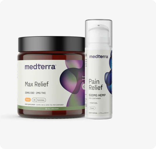 Front view of Relief Bundle showcasing Max Relief jar and Pain Relief pump bottle with visible product labels on light gray background