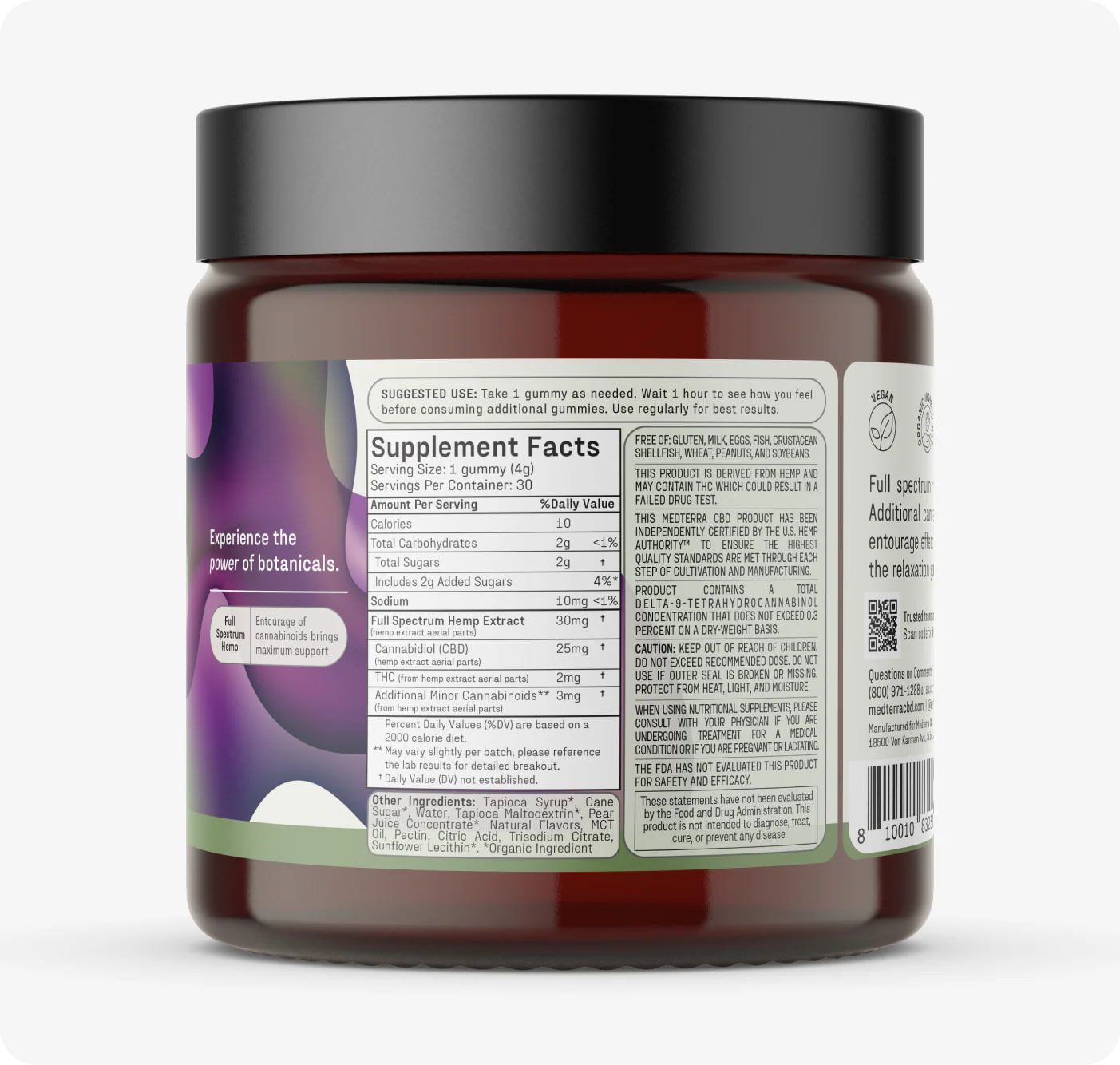 Close-up rear label of Relief Bundle jar showcasing Supplement Facts panel with purple-green botanical design and QR code