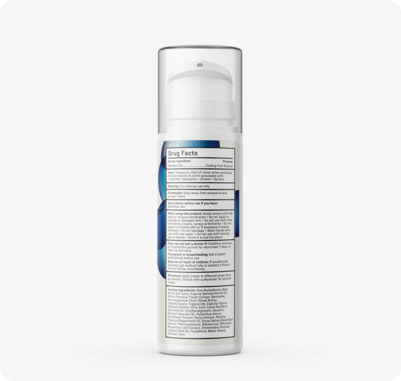 Rear view of pain relief cream bottle from Relief Bundle showing Drug Facts label, pump dispenser and clear cap on white background