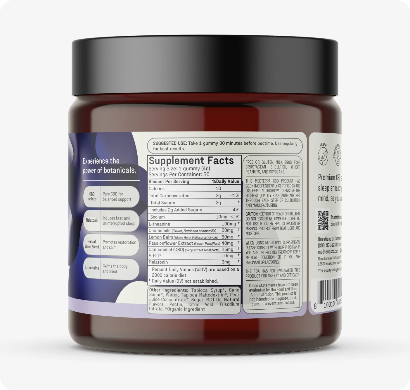 Rear view of Multi-Spectrum CBD Sleep Bundle jar showing Supplement Facts panel and suggested use on white background