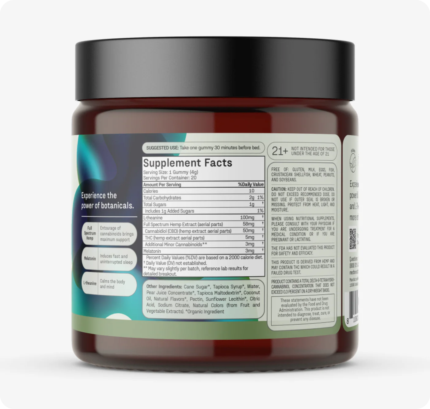 Close-up rear of Sound Asleep jar showing supplement facts panel and the label Experience the power of botanicals on white