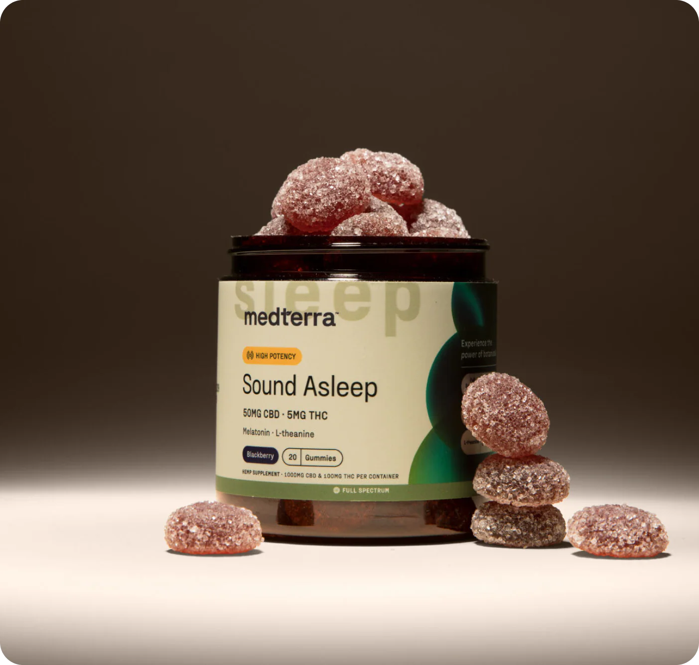 Jar of Medterra Sound Asleep gummies with sugar coating, labeled with product details including 50MG CBD, 5MG THC, Melatonin, L-theanine, Blackberry flavor, 20 gummies per container, and full spectrum hemp supplement.