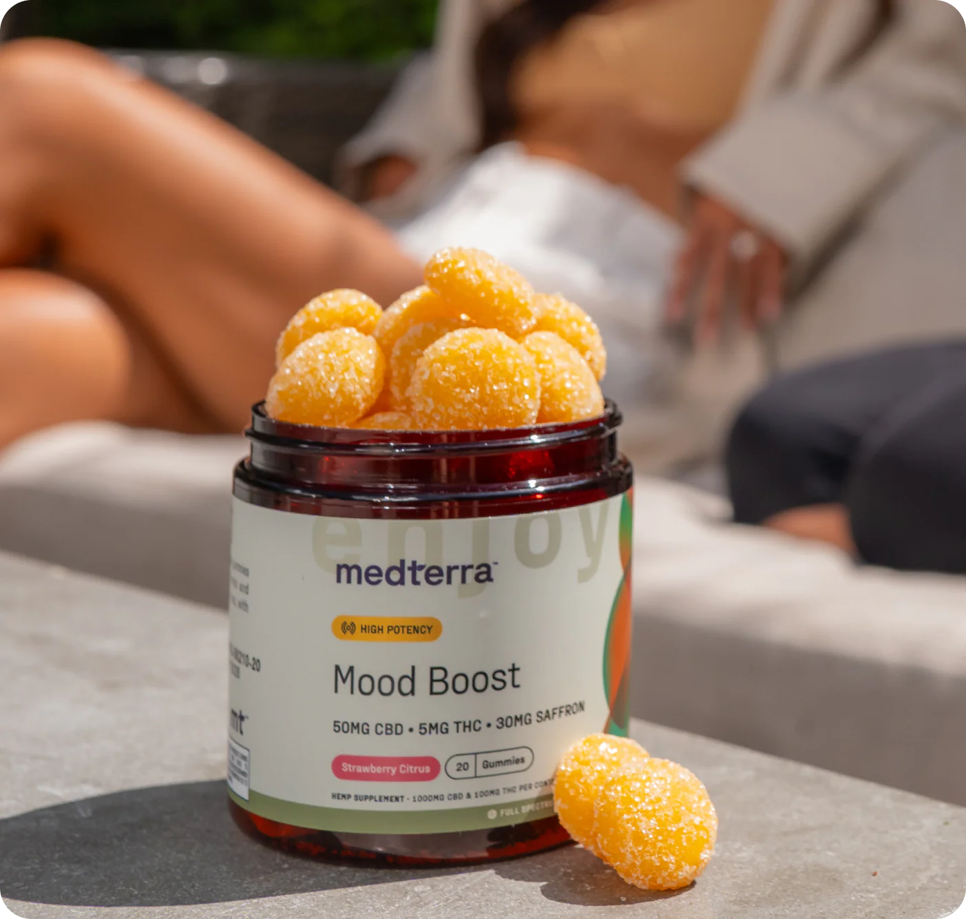 medterra Mood Boost gummies jar, Strawberry Citrus, HIGH POTENCY, 50MG CBD 5MG THC 30MG SAFFRON, 20 Gummies
