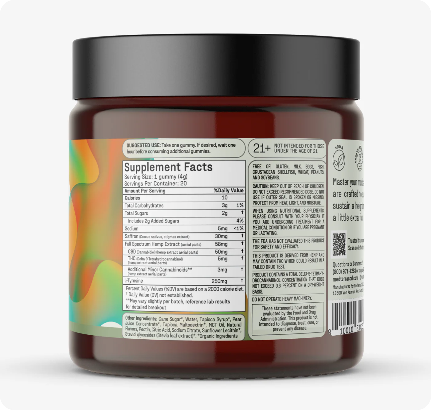Supplement facts and warnings on a Mood Gummies jar, including serving size, ingredients, and caution statements.