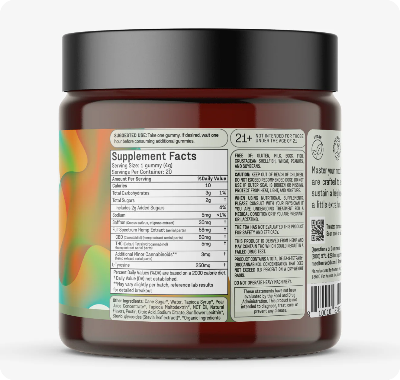 Back label of gummy jar showing Supplement Facts panel with serving size 1 gummy, CBD 50mg, THC 5mg, and safety warnings.
