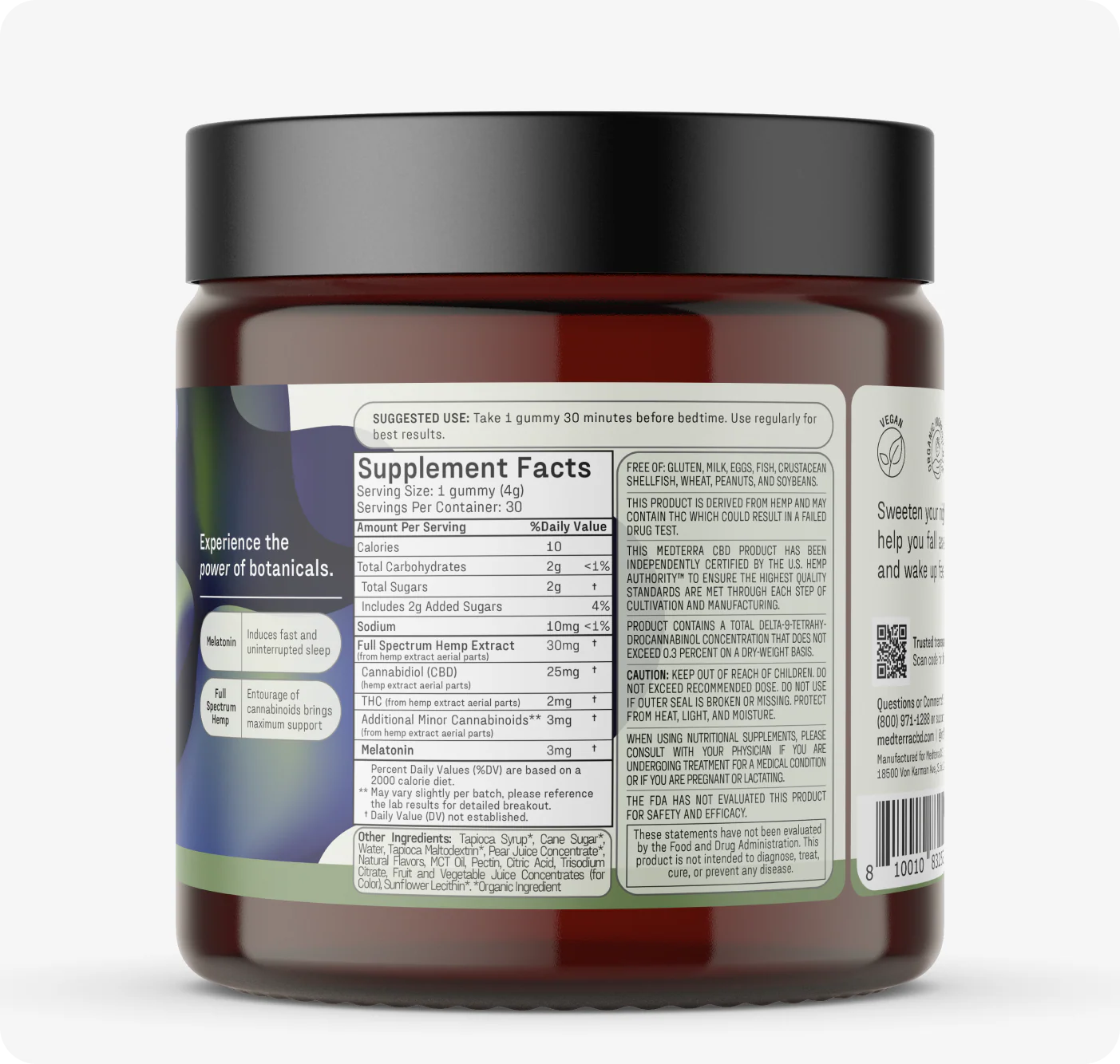 Back label of supplement jar showing "Supplement Facts", CBD 25mg, Melatonin 3mg, ingredients, allergen and caution statements.